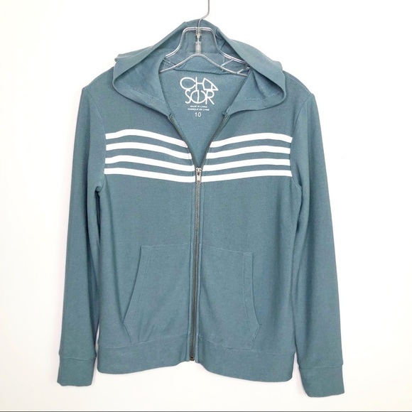 𝅺Chaser Teal white striped zip front hoodie - Picture 1 of 8